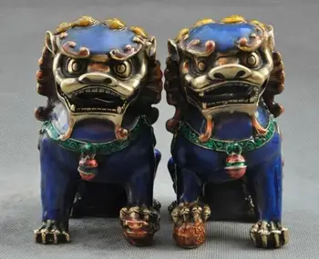 Régi kínai Fengshui bronz Cloisonne őr Foo Fu kutya Oroszlán fenevad szoborpár