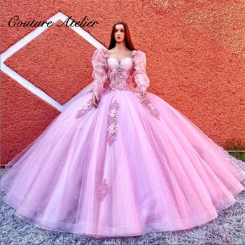 Rózsaszín puffos hosszú ujjú quinceanera ruhák hercegnő csipke rátétes báli ruha születésnapi ruha fűzős kedvesem édes 16 ruha
