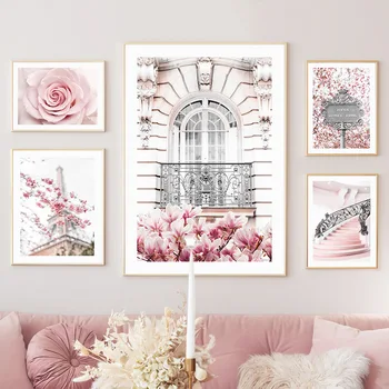 Rózsaszín Sakura tavasz Párizs város táj rózsa bazsarózsa fal Művészet vászon festés Romantikus plakátok Kép a nappaliba Lakberendezés