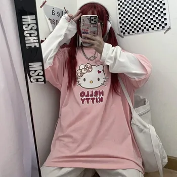 Sanrio HelloKitty Aranyos rózsaszín felsők Női Új diákok A The Casual laza koreai változata Két hosszú ujjú póló Női Ins felsők