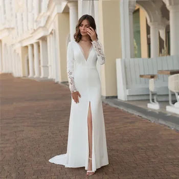 Sellő fehér V-nyakú matrica Hosszú ujjú elülső rés Francia egyszerű menyasszonyi ruha Vestidos de novia tengerparti romantikus esküvő