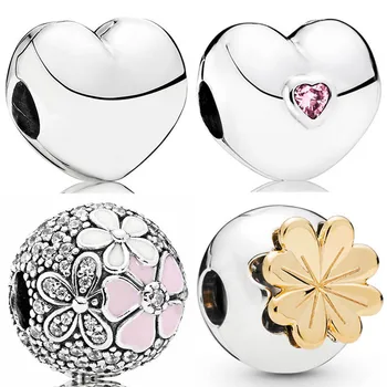 Shine Shining Clover Flower Steady Heart Clip Stopper Charm 925 Sterling Silver Beads Fit divat karkötő DIY ékszerek