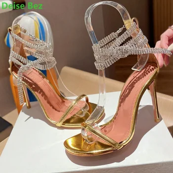 Strassz keresztkötésű luxus designer szandál Nyári cipő nőknek Borító sarok kerek orrú tűsarkú csatos csatos pánt szexi magas sarkú cipő