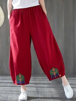 Streetwear Nők Tavasz Nyár Etnikai stílus Női bugyi 2023 Vintage hímzés Rugalmas derék Bloomers Alkalmi kilencpontos nadrág