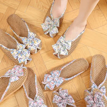 Suihyung vászonszövő csúszdák lányoknak 2023 Új nyári nők otthoni cipő Lélegző lenpapucs Nagy virágos masni Peep Toe Szandál