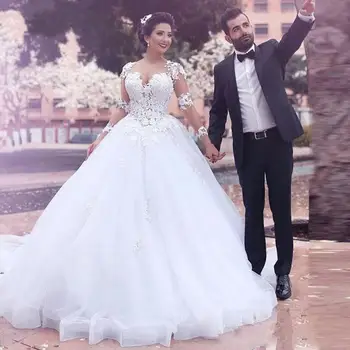 Szaúd-Arábiai Közel-Kelet Báli ruha Esküvői ruhák Áttetsző ékszer Hosszú ujjú csipke rátétek Hát nélküli Vestidos menyasszony