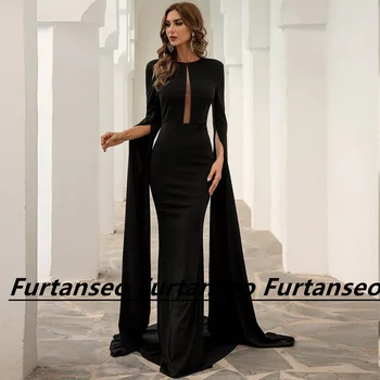 Szexi fekete estélyi ruha Luxus hosszú ujjú legénységi nyakú sellő Egyszerű elegáns kefevonat szűk szabású köntös De Soirees Dubai