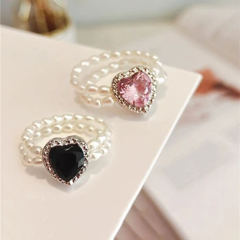 Szív gyöngy gyűrű Divat Crystal Love rugalmas kötél állítható ujjgyűrűk Wome Girls Party ékszerek Esküvői kiegészítők Ajándékok