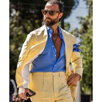 Sárga férfi öltönyök Slim Fit 2 részes blézer szett csúcshajtóka egymellű alkalmi divat napi férfi ruha férfi öltöny esküvőre