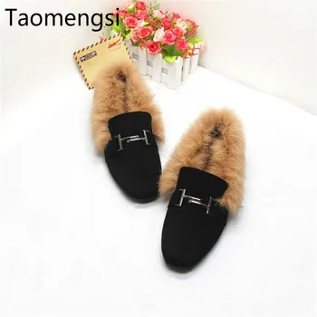 Taomengsi2023 szögletes fej lapos fenekű nyúlszőr bársony pamut merőkanál fekete cipő kód meleg cipő nagy méretű női cipő 31-44