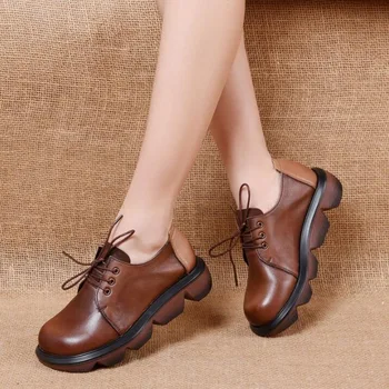 Tavasz Új platform cipők Nők Brit valódi bőr Fűzős Kerek lábujj divat könnyű Lapos egyéni cipő Női ék cipő