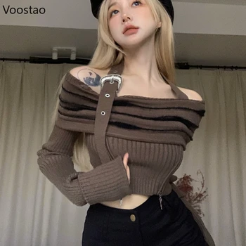 Tavasz Ősz Harajuku Y2K kötött pulóver Nők Szexi vállról levett hosszú ujjú vágott pulóver Női koreai punk kötöttáru felsők