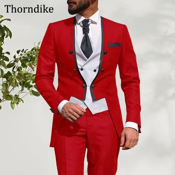 Thorndike férfi piros esküvői öltöny 2021,3 darab V-nyakú vőlegények szmokingok, őszi alkalmi egyedi készítésű Terno Masculino, dzseki + nadrág