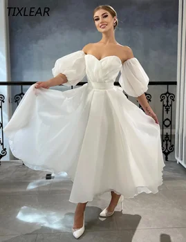 TIXLEAR Egyszerű sifon esküvői ruhák Kedvesem fél puffos ujjú hát nélküli csipke fel menyasszonyi ruha Tea hossza Vestidos De Noiva