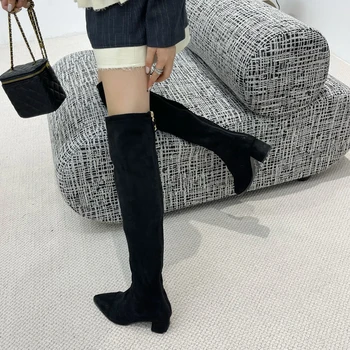 Térd feletti magas csizma női alacsony vaskos sarkú hosszú csizma őszi téli magassarkú cipő fekete cipő Bote Femme Hiver