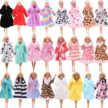 Többszínű 2 db/szett hosszú ujjú puha szőrme plüss kabátruha + magas sarkú téli viselet kiegészítők barbies babaruhákhoz 1/6 BJD