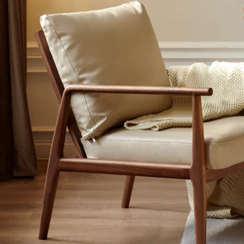 Tömörfa kanapészék egyszerű, modern nappali bőr háttámlás szék fekete dió erkély szabadidőszék