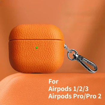 Valódi bőr AirPods Pro 2 tokhoz AirPods 1 2 3 tok Bluetooth fülhallgató tartozékok licsi mintás marhabőr csattal