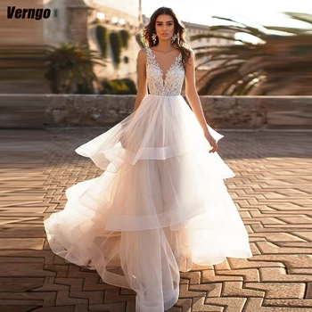 Verngo A-vonalú esküvői ruhák V-nyakú ujjatlan menyasszonyi ruha Tüll fodros csipke rátétek Menyasszonyi ruha nőknek Vestidos De Novia