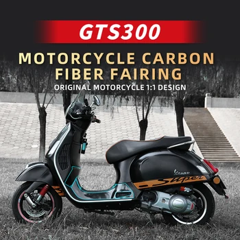 VESPA GTS300-hoz használt Fekete színű, kiváló minőségű szénszálas védőmatricák a motorkerékpár karosszériájára ragasztva Műanyag alkatrészek területe