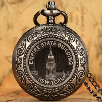 Vintage New York Empire State Building kvarc zsebóra férfi női szürke fekete Full Hunter medál nyaklánc óra Antik ajándék