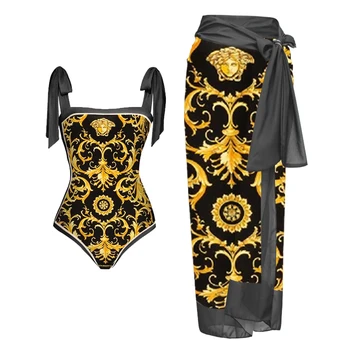 Vintage sárga mintás, négyzet alakú nyakba csomagolt mellkasi fürdőruha 2023 Új fürdőruha női mikrobikini Mujer strandruhák Cover-Ups