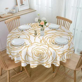 Virág rózsa arany vonás fehér vízálló terítő teaasztal dekoráció kerek asztalhuzat konyhához esküvői otthoni étkező