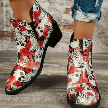 Western mintás bokacsizma 2023 őszi téli női csizma Új hegyes alacsony sarkú cipő Brit retro női cipő Slip-on rugalmas cipő