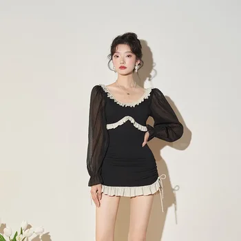 Wisuwore koreai változat Hosszú ujjú, egyrészes fürdőruha női konzervatív szoknya stílusú maszk és vékony forró tavaszi fürdőruha