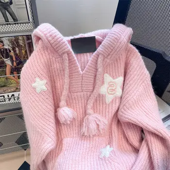Y2K Aranyos csillaghímzés kapucnis pulóverek Édes rózsaszín hosszú ujjú pulóver lányoknak Laza vastag meleg téli ruha Jersey pulóver
