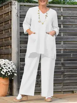 ZANZEA Fashion Loose Matching Sets női őszi vintage öltöny 3/4 ujjú blúz nadrág szett 2PCS alkalmi városi tréningruha túlméretezett