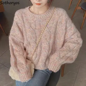 Édes rózsaszín pulóverek Női pulóver Vastag Hosszú ujjú O-nyakú Koreai stílusú Szabadidő Divat Kezdőlap Vintage Elegáns Laza All-match Meleg