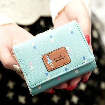 Összecsukható női pénztárca Női rövid japán és koreai háromszoros hajtás Aranyos lány diákpénztárca érme pénztárca fém klip
