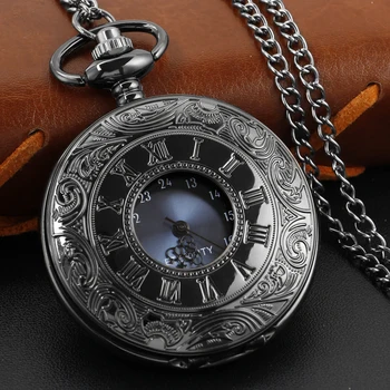 Új fekete római kijelző Kiváló számlap kvarc zsebóra Vintage úriember nyaklánc medál divat kiegészítők óra