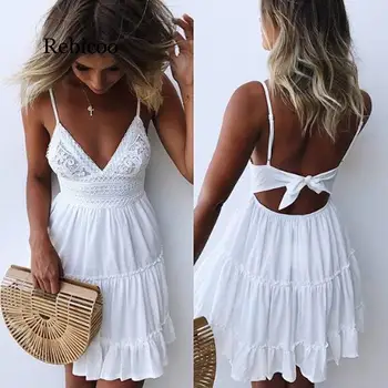 Új lányok fehér nyári ruha Szexi nők V-nyakú ujjatlan strand hát nélküli csipke patchwork Vestidos