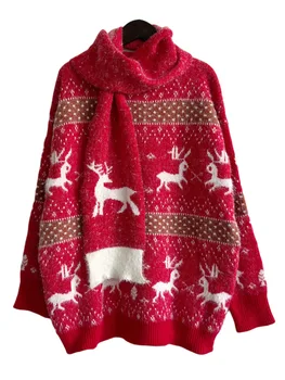 Új érkezés 2023 O-nyakú hosszú ujjú hópehely karácsonyi pulóver sállal női őszi téli pulóver kötött meleg pulóver