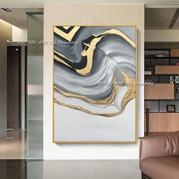 100% kézzel készített arany fólia szürke olajfestmény fali művészet vászonfestés absztrakt falkép a nappali dekorációhoz