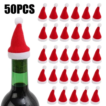 50/1PCS Mini Mikulás kalap borosüveg borító Karácsonyi dekorációs asztaldísz Karácsony Újévi party Lakberendezési kiegészítők