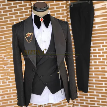 Divat férfi Jacquard Blazer Slim Fit esküvői báli ruha Tuxedo öltöny 3 részes kabát mellény nadrág Vőlegény öltöny ruhák férfiaknak Blézer szettek