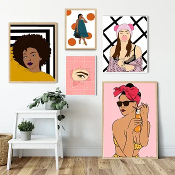 Divat Nő Plakát nyomtatás Lány Ivó bár Vászon Festés Rózsaszín buborékgumi Make Up Kép Modern fal Művészet Fürdőszoba Lakberendezés