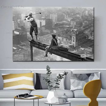 Golf egy felhőkarcolón Retro poszter Modern lakberendezés Vászon festés Tee Time Golf Fekete-fehér New York City Wall Art kép