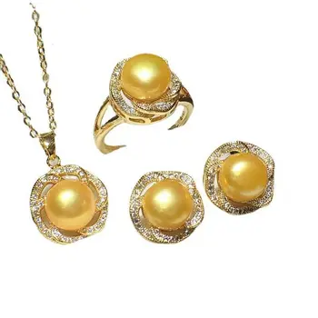 Gyönyörű AAAA 8-9mm Dél-tengeri aranycsapos gyöngy medál és fülbevaló&, gyűrű szett 925s