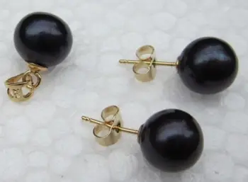 Gyönyörű AAAA 9-10mm Tahaitian Black Round gyöngy medál és fülbevaló szett 14K