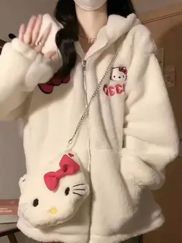 Hello Kitty plüss aranyos kapucnis pulóver Kawaii Sanrio női pulóver téli kardigán kabát Y2k lányok pulóver laza alkalmi ruhák ajándékok