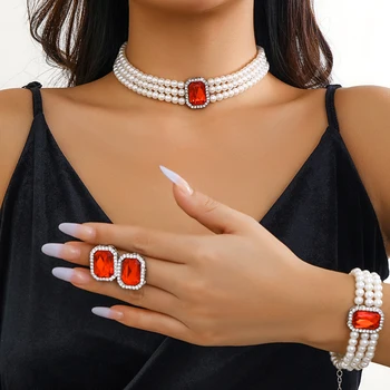 IngeSight.Z Classic Red strassz kristály ékszer szettek Női elegáns többrétegű gyöngy fülbevaló utánzat Karkötő nyaklánc szett