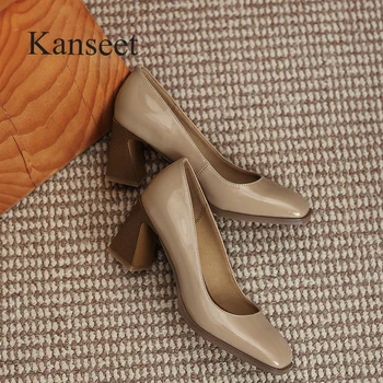 Kanseet Új nők Pumps Tavasz Ősz Divattervezés Valódi bőr Kézzel készített szögletes lábujj Népszerű sárgabarack fekete magas sarkú cipő