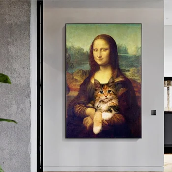 Moderne Morsomme Mona Lisa Klemmer En Katt Lerretmaleri Veggkunst Plakater og Utskrifter Stue Cafe Hjem Veggdekorasjon Cuadros