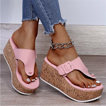 Nyár Nők Divat ék platform Szandálok Női vastag fenék Alkalmi Kényelmes papucsok Női egyszínű flip flopok Cipők