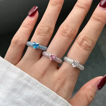 S925 Sterling ezüst pasziánsz köbös cirkónium szív alakú eljegyzési gyűrű Halo ígéret gyűrű fehér kék rózsaszín színű