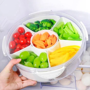 Zöldségtálca fedéllel - osztott snackle doboz tartály 6 rekesszel partitálhoz, gyümölcstálcához, snackhez
